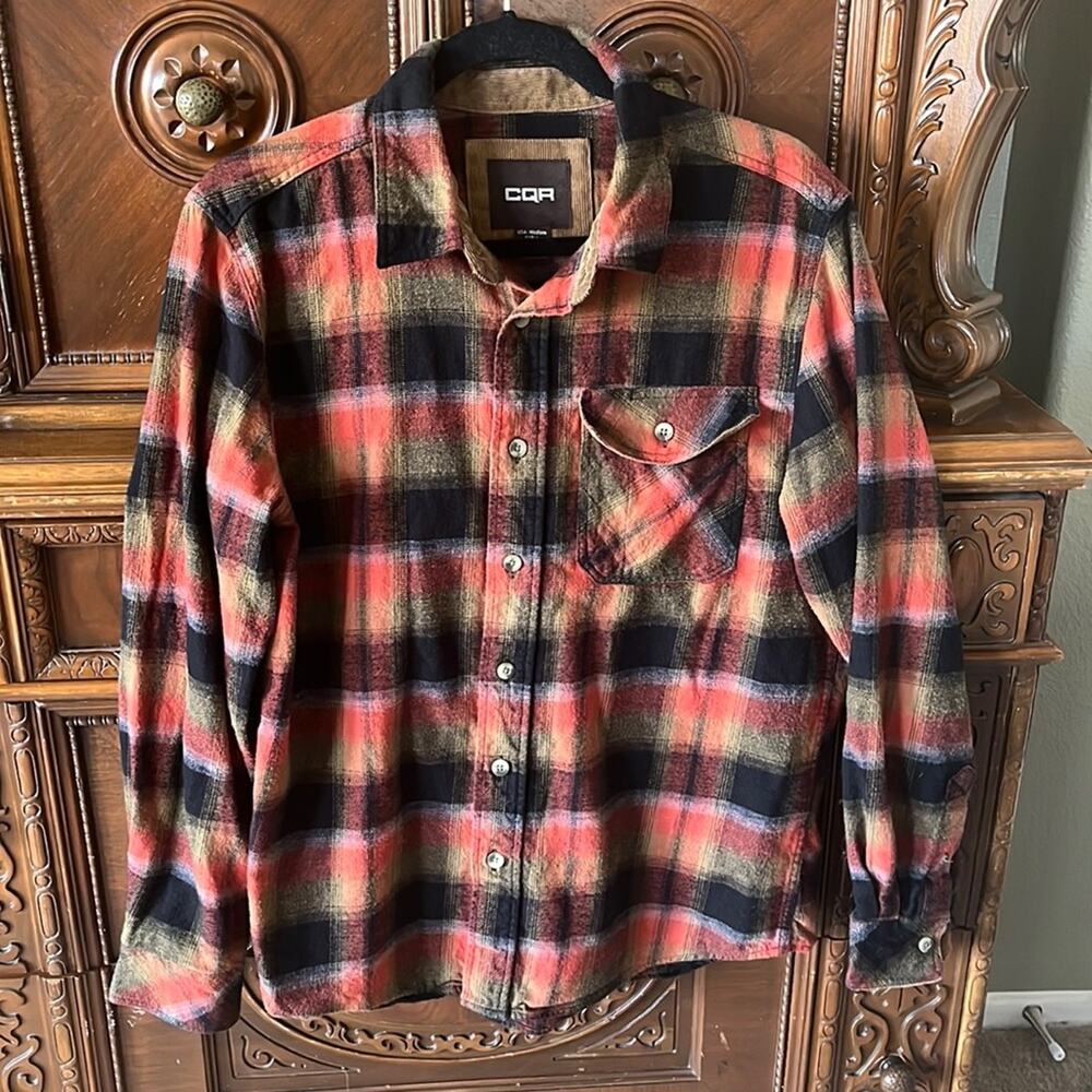 CQR black, red and green plaid button down shirt.